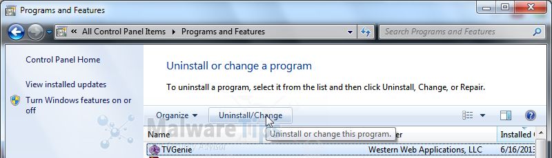 [Image: Uninstall TVGenie program from Windows]