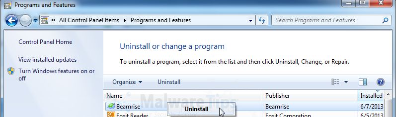 [Image: Uninstall Beamrise program]