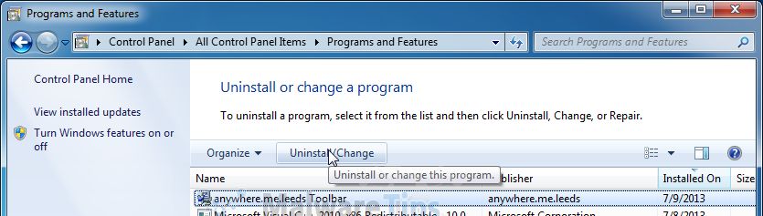 [Image: Uninstall Anywhere.me Toolbar from Windows]