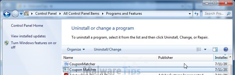 [Image: Uninstall Coupon Matcher program from Windows]