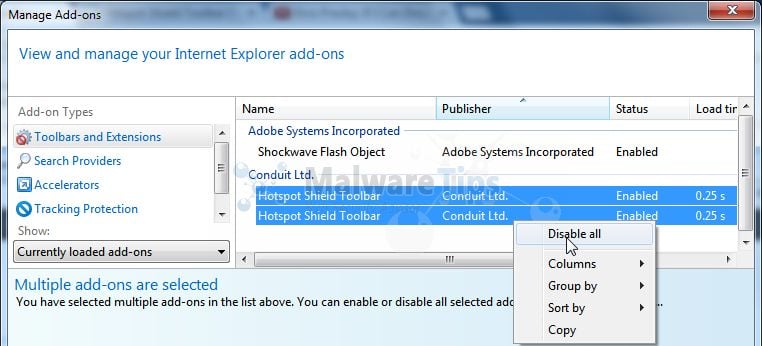 [Image: Hotspot Shield Toolbar Internet Explorer extensions]