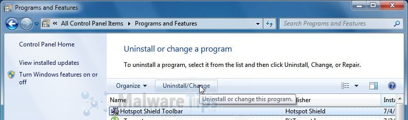 [Image: Uninstall Hotspot Shield Toolbar from Windows]