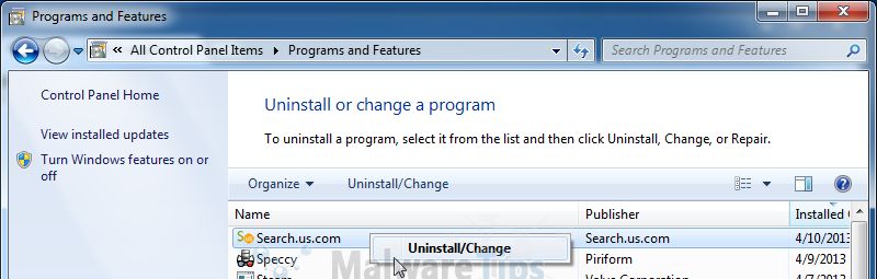 [Image: Uninstall Start.search.us.com malicious program from Windows]