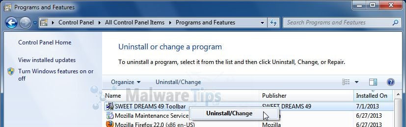 [Image: Uninstall Sweetdreams-49 Toolbar from Windows]