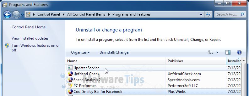 [Image: Uninstall Unfriend Check programs from Windows]