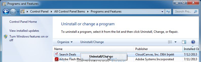 [Image: Uninstall Search Deals program from Windows]