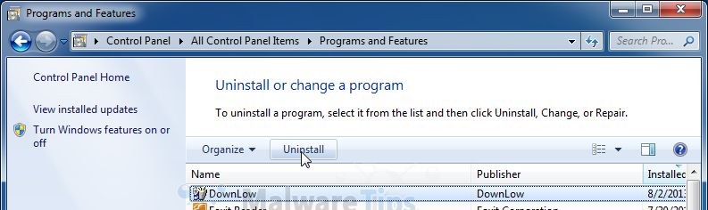 [Image: Uninstall DownLow App program from Windows]