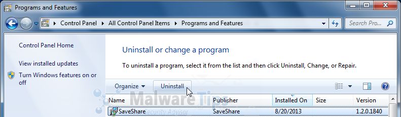 [Image: Uninstall SaveShare program from Windows]