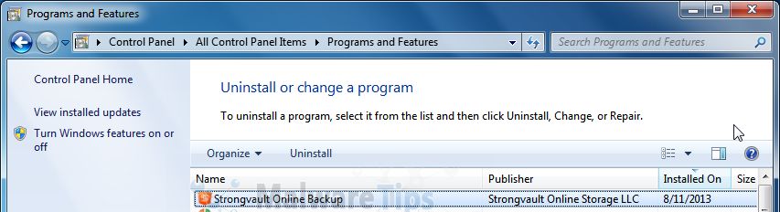 [Image: Uninstall StrongVault programs from Windows]