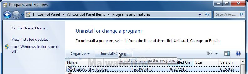 [Image: Uninstall Trustworthy Toolbar from Windows]