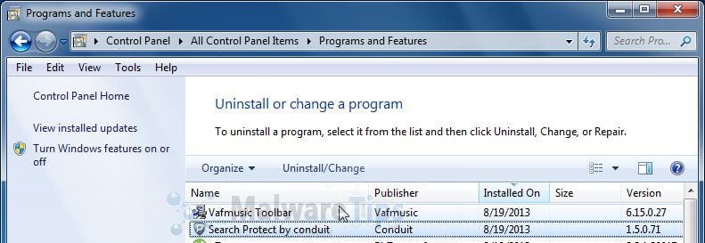 [Image: Uninstall VAF Toolbar from Windows]