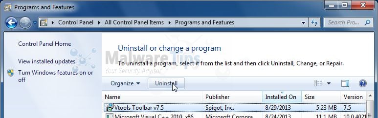 [Image: Uninstall Vtools Toolbar from Windows]