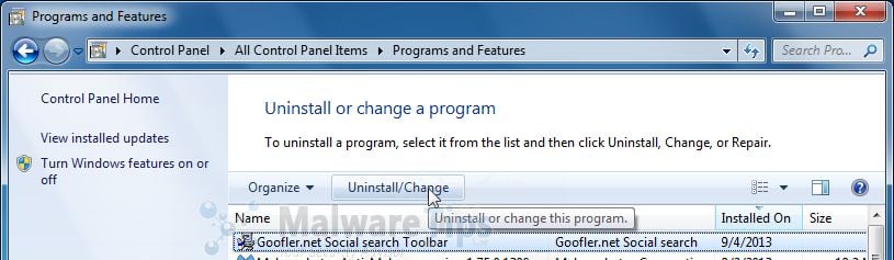 [Image: Uninstall Goofler Toolbar from Windows]