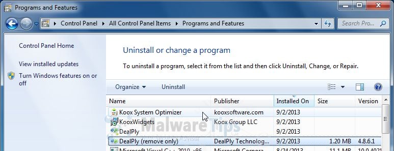 [Image: Uninstall Koox System Optimizer program from Windows]