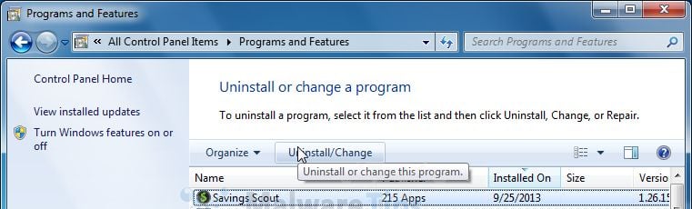 [Image: Uninstall Savings Scout malicious programs from Windows]