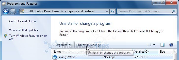 [Image: Uninstall Savings Wave malicious programs from Windows]