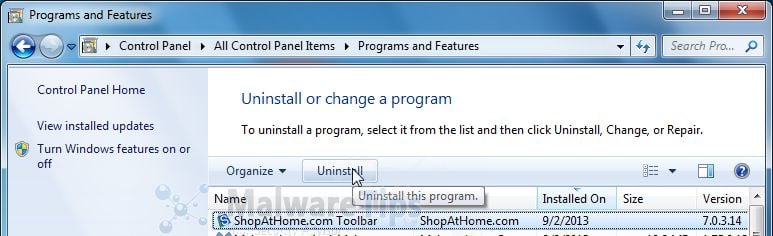 [Image: Uninstall ShopAtHome.com toolbar from Windows]