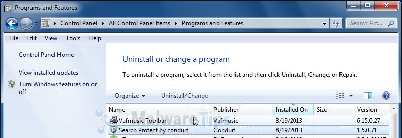 [Image: Uninstall VAFMusic Toolbar from Windows]