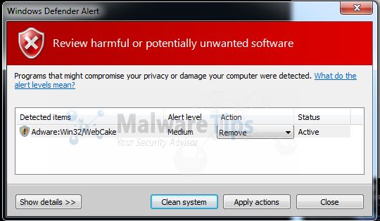 [Image: Adware:Win32/WebCake infection]