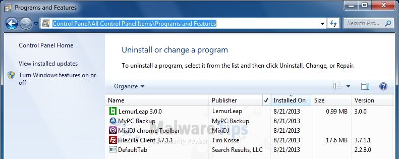 [Image: Uninstall LemurLeap malicious programs from Windows]