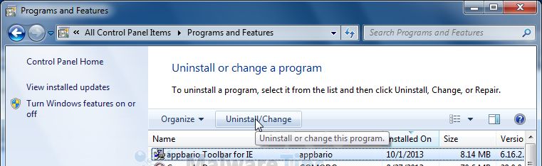[Image: Uninstall Appbario Toolbar from Windows]