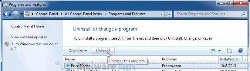 [Image: Uninstall Price Finder malicious programs from Windows]