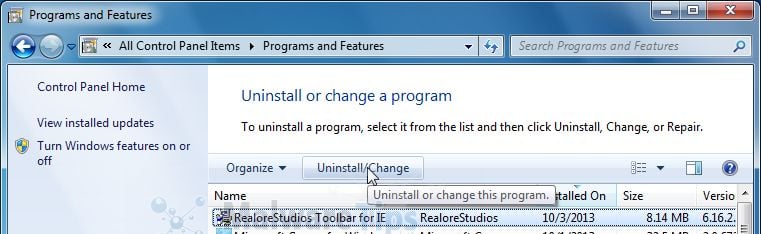 [Image: Uninstall Realore Studios Toolbar from Windows]