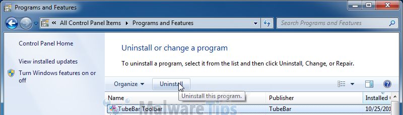 [Image: Uninstall TubeBar Toolbar from Windows]