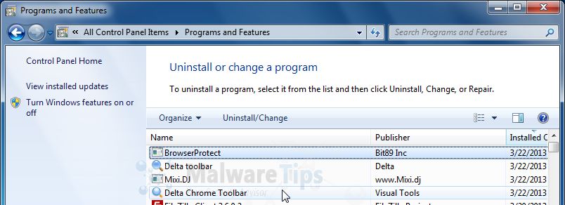 [Image: Uninstall GolSearch toolbar from Windows]