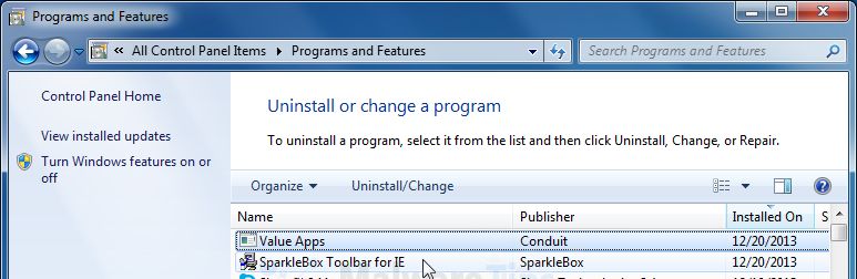 [Image: Uninstall SparkleBox Toolbar from Windows]