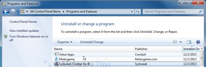 [Image: Uninstall Systweak Toolbar from Windows]