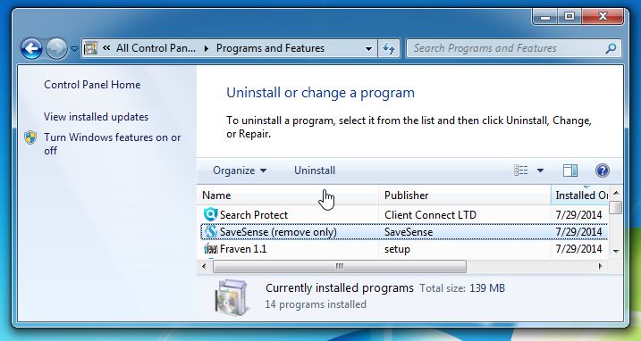 [Image: Uninstall SaveSense from Windows]