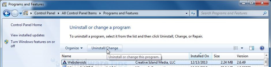 [Image: Uninstall Websteroids malicious program from Windows]