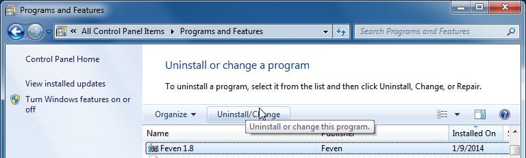 [Image: Uninstall Feven 1.8 malicious program from Windows]