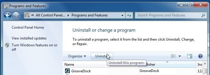 [Image: Uninstall GrooveDock program from Windows]