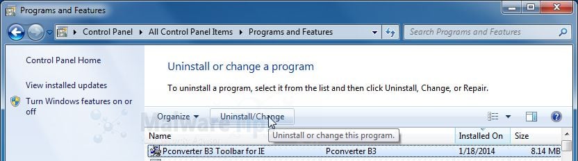 [Image: Uninstall PConverter B3 Toolbar from Windows]