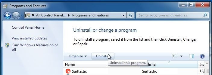 [Image: Uninstall Surftastic program from Windows]