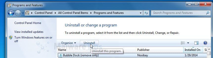 [Image: Uninstall Bubble Dock program from Windows]