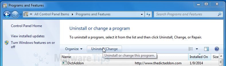[Image: Uninstall DictAddon program from Windows]