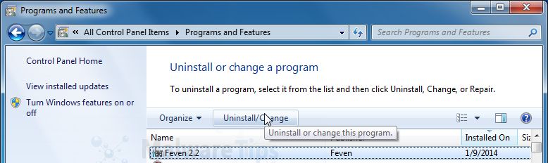 [Image: Uninstall Feven 2.1 malicious program from Windows]