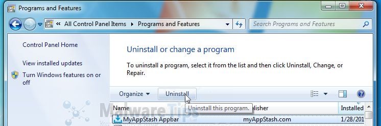 [Image: Uninstall MyAppStash Toolbar from Windows]