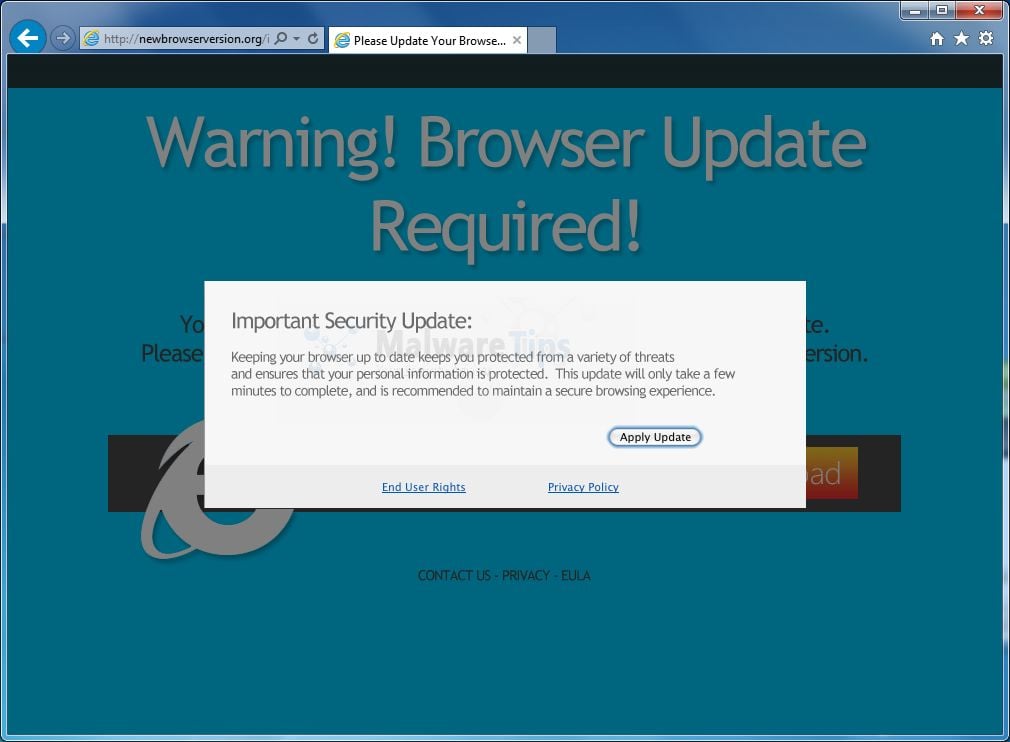 [Image: NewBrowserVersion.org pop-up virus]