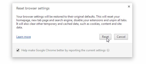 [Image: Click on Reset to restore Chrome to default settings]