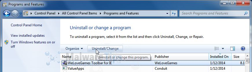 [Image: Uninstall WeLoveGames Toolbar from Windows]