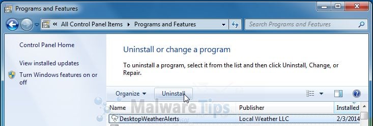 [Image: Uninstall Desktop Weather Alerts program from Windows]