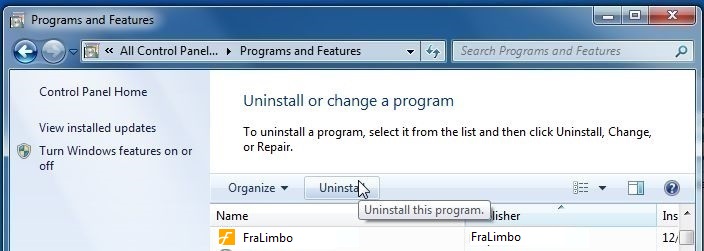 [Image: Uninstall FraLimbo program from Windows]