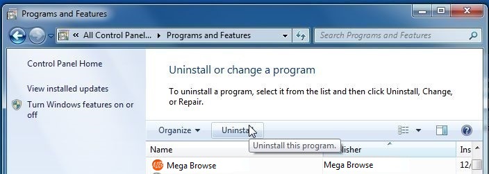 [Image: Uninstall Mega Browse program from Windows]