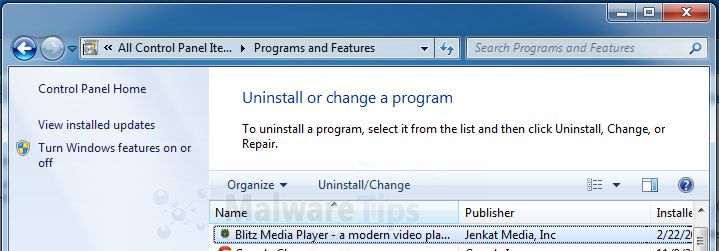 [Image: Uninstall Blitz Media Player program from Windows]