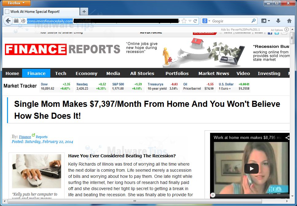Picture of ConsumersFinanceDaily.com pop-up virus