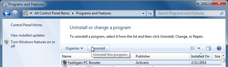 [Image: Uninstall FastAgain PC Booster program from Windows]